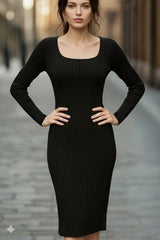 Kadın Uzun Kollu Kare Yakalı Midi şardonlu Kaşkorse Elbise