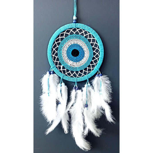 Nazar Boncuğu Motifli Turkuaz Rengi Dream Catcher Beyaz Kuş Tüylü Düş Kapanı Duvar Süsü