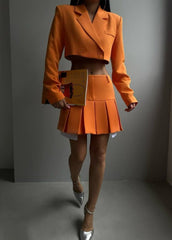 Pileli Etek Crop Ceket Takım