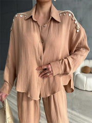 OMUZ SAÇAK DENİZ KABUĞU GÖMLEK - PANTOLON TAKIM - Bej