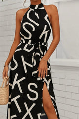 Kadın Omuzlardan Açık Halter Yakalı Yırtmaçlı çiçek Desenli Süprem Elbise