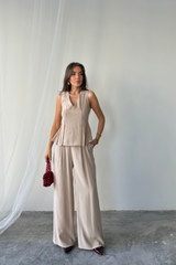 V YAKA KOLSUZ BLUZ - PANTOLON TAKIM MODAL KUMAŞ - Siyah