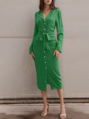 Kadın Uzun Kollu önden Düğmeli Beli Kuşaklı Aerobin Midi Elbise