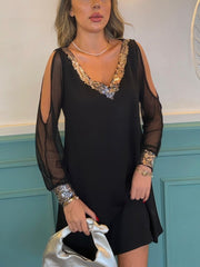 Kadın Uzun Kollu V Yaka Kollar Tül Yırtmaç Detay Kol Manşetleri Ve Yaka Payet Krep Elbise