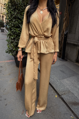 SATEN KRUVAZE BAĞLAMALI BLUZ- PANTOLON TAKIM - Mavi