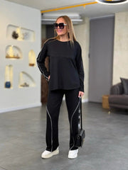 Kadın Uzun Kollu Biye Detay Modal Kumaş Salaş Ikili Takım