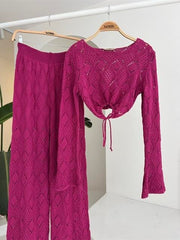 Göğüs Bağcık Detaylı Ajurlu Bluz Pantolon Takım 10098