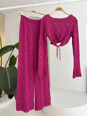 Göğüs Bağcık Detaylı Ajurlu Bluz Pantolon Takım 10098