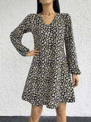 Kadın Uzun Kollu V Yaka çiçek Desenli Helen Kumaş Elbise