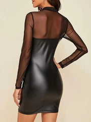 Kadın Uzun Kollu Balıkçı Yaka Tül Detaylı Mini Deri Elbise