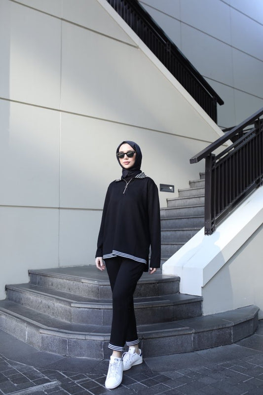 Kadın Uzun Kollu Ribana Ve Fermuar Detay Bluz Ve Yüksel Bel Pantolon 2li Takım