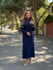 Kadın Uzun Kollu Bisiklet Yaka Yandan Bağlamalı Uzun Modal Elbise