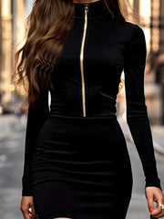 Kadın Uzun Kollu Balıkçı Yaka Yakadan Göğüse Kadar Fermuar Detaylı Mini Kadife Elbise