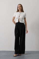 Pileli Bağcıklı Oversize Pantolon - Siyah