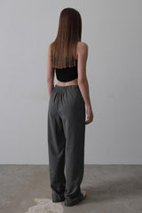 Beli Yarım Lastikli Palazzo Pantolon - Gri-Beyaz