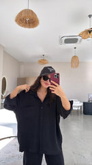 Kadın Flamlı Keten Tek Cep Oversızed Gömlek