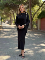 Kadın Uzun Kollu Bisiklet Yaka Yandan Bağlamalı Uzun Modal Elbise