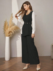 Kadın Uzun Kollu Açık Yakalı çift Renkli Kemerli Ithal Krep Ikili Takım