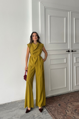 TENCEL MODAL KOLSUZ BLUZ KAPALI CEP DETAYLI DÖKÜMLÜ - PANTOLON TAKIM - Bej