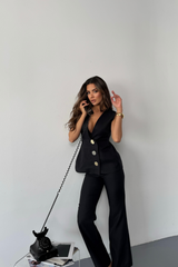 KETEN GOLD DÜĞMELİ YELEK - PANTOLON TK - Bej