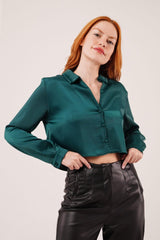 Saten Crop Model Kırmızı Gömlek