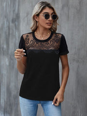Kadın Kısa Kollu Yuvarlak Yaka ön Dantel Detaylı Viskon Bluz