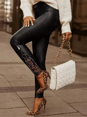 Kadın Yüksek Bel Yandan Yırtmaçlı Dantel Detaylı Deri Tayt