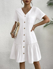 Kadın Cep Detaylı Düğmeli Sofya Keten Kumaş Elbise