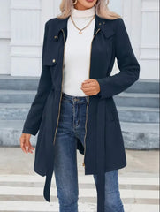 Kadın Uzun Kollu Boyundan Düğmeli Fermuarlı Beli Kuşaklı Süet Ceket