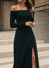 Kadın Uzun Kollu Madonna Yakalı Yırtmaç Detaylı Uzun Ithal Krep Elbise