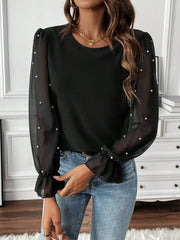 Kadın Uzun Kollu Bisiklet Yaka Tül Detaylı Incili Ithal Krep Bluz