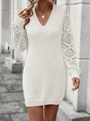 Kadın Uzun Kollu V Yakalı Mini Triko Elbise