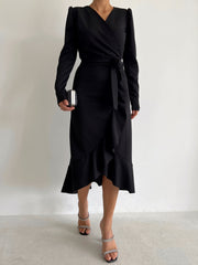 Krep Kumaş Midi Boy Kuşaklı Uzunkol Elbise 113 Cm