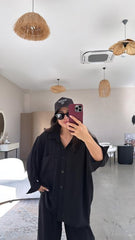 Kadın Flamlı Keten Tek Cep Oversızed Gömlek