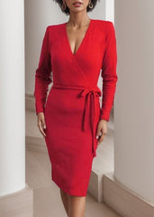 Kadın Uzun Kollu Kruvaze Yaka Bağcık Detay Akrilik Mini Boy Elbise