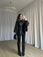 Kadın Uzun Kollu Leopar Yaka Detay Kuşak Dahil Deri Panço