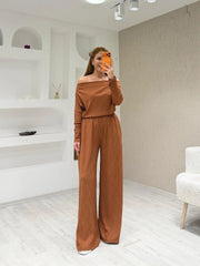 Kadın Uzun Kollu Omuz Dekolteli Bluz Ve Palazzo Pantolon Ikili Takım