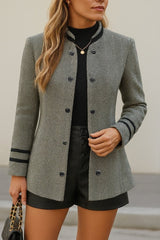 Kadın Uzun Kollu Hakim Yaka Düğme Detaylı Mini Dokuma Ceket
