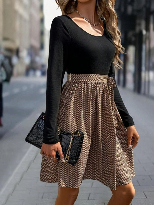 Kadın Uzun Kollu Yuvarlak Yaka üst Viskon Alt Süprem Midi Elbise