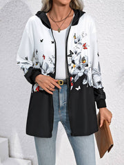 Kadın Uzun Kollu Kapşonlu Fermuarlı çiçek-kelebek Desenli şardonlu Dalgıç Ceket