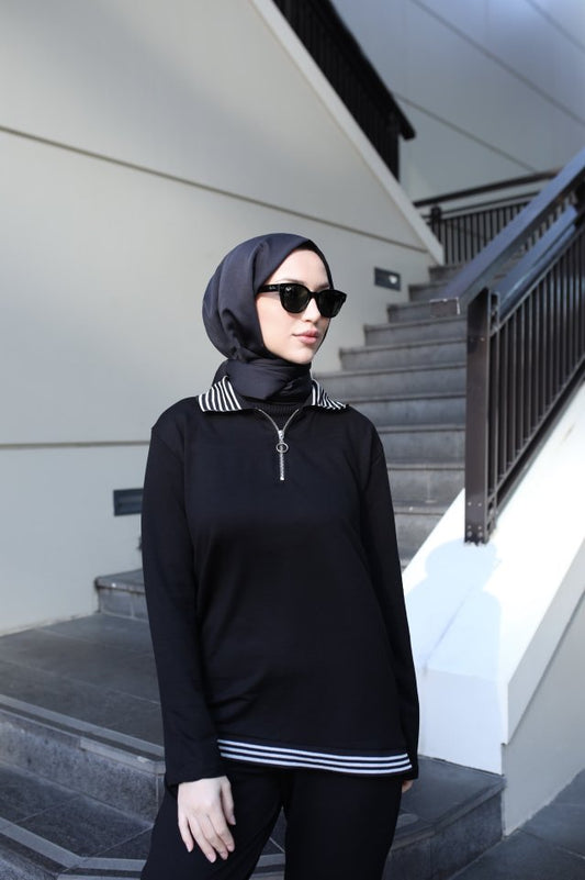 Kadın Uzun Kollu Ribana Ve Fermuar Detay Bluz Ve Yüksel Bel Pantolon 2li Takım