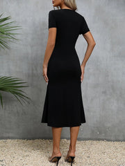 Kadın Kısa Kollu Kare Yakalı Ip Detaylı Janjan Krep Elbise