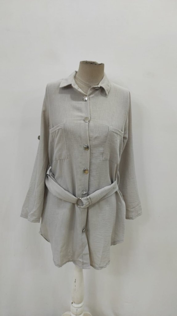 Kadın Uzun Kollu Yakalı önden Düğmeli Beli Kuşaklı Mini Ithal Keten Elbise