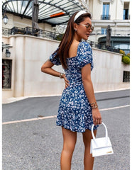 Kadın Kısa Kollu Kalp Yaka çiçek Desenli Krep Elbise