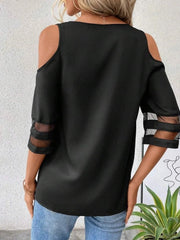 Kadın Kısa Kollu V Yakalı Soğuk Omuz Kolda Ip Detaylı Kolda şifon Tül Detaylı Janjan Krep Bluz