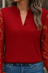 Kadın Uzun Kollu Yaka Düğme Detay Güpürlü Kol Krep Bluz