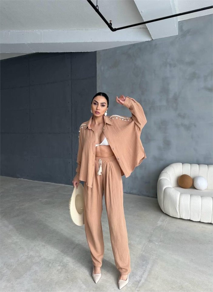 OMUZ SAÇAK DENİZ KABUĞU GÖMLEK - PANTOLON TAKIM - Bej