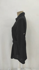 Kadın Uzun Kollu Yakalı önden Düğmeli Beli Kuşaklı Mini Ithal Keten Elbise