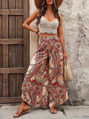 Kadın Yüksek Bel Beli Lastikli Desenli Geniş Paçalı Süprem Pantolon