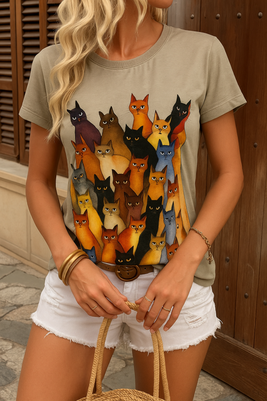 Kadın Kısa Kollu Bisiklet Yaka Kedi Desenli Süprem Bluz